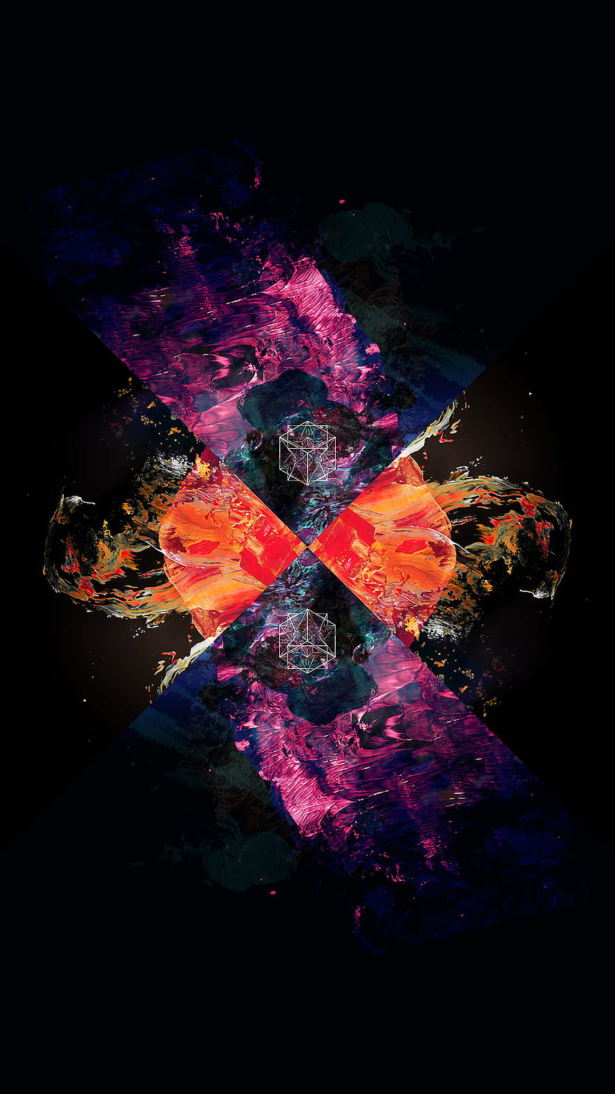 Vibrant Abstract X Cross Design with Neon Pink and Orange Paint Splatters on Black Background HD phone wallpaper