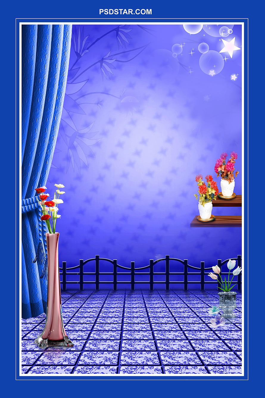 Blue Studio Backdrop with Floral Vases, Curtain, and Decorative Fence HD phone wallpaper