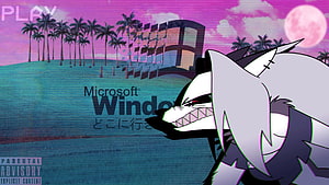Loona from Helluva Boss in a Glitchy Retro Windows Boot Screen with Palm Trees and a Pink Moon HD wallpaper
