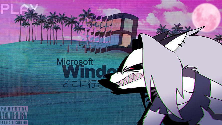 Loona from Helluva Boss in a Glitchy Retro Windows Boot Screen with Palm Trees and a Pink Moon HD wallpaper