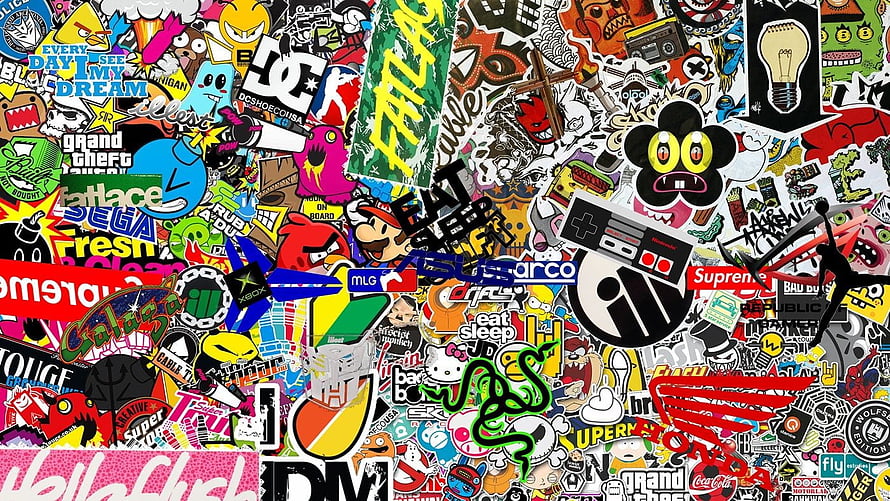 Vibrant Sticker Bomb Collage Featuring Gaming, Streetwear, and Pop Culture Logos HD wallpaper