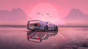 Retro Sports Car on Reflective Shoreline with Pink Sunset and Distant Mountains HD wallpaper