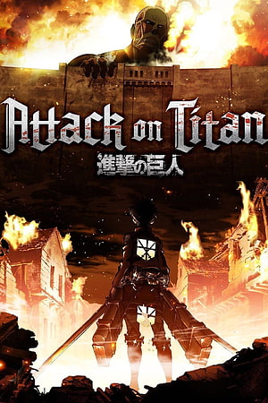 Attack on Titan Soldier Standing Before Colossal Titan Amid Burning Ruins HD phone wallpaper