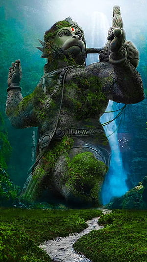 Moss-Covered Hanuman Statue in Misty Forest with Waterfall and Stream, Hanuman ji statue mobile, hanuman statue HD phone wallpaper