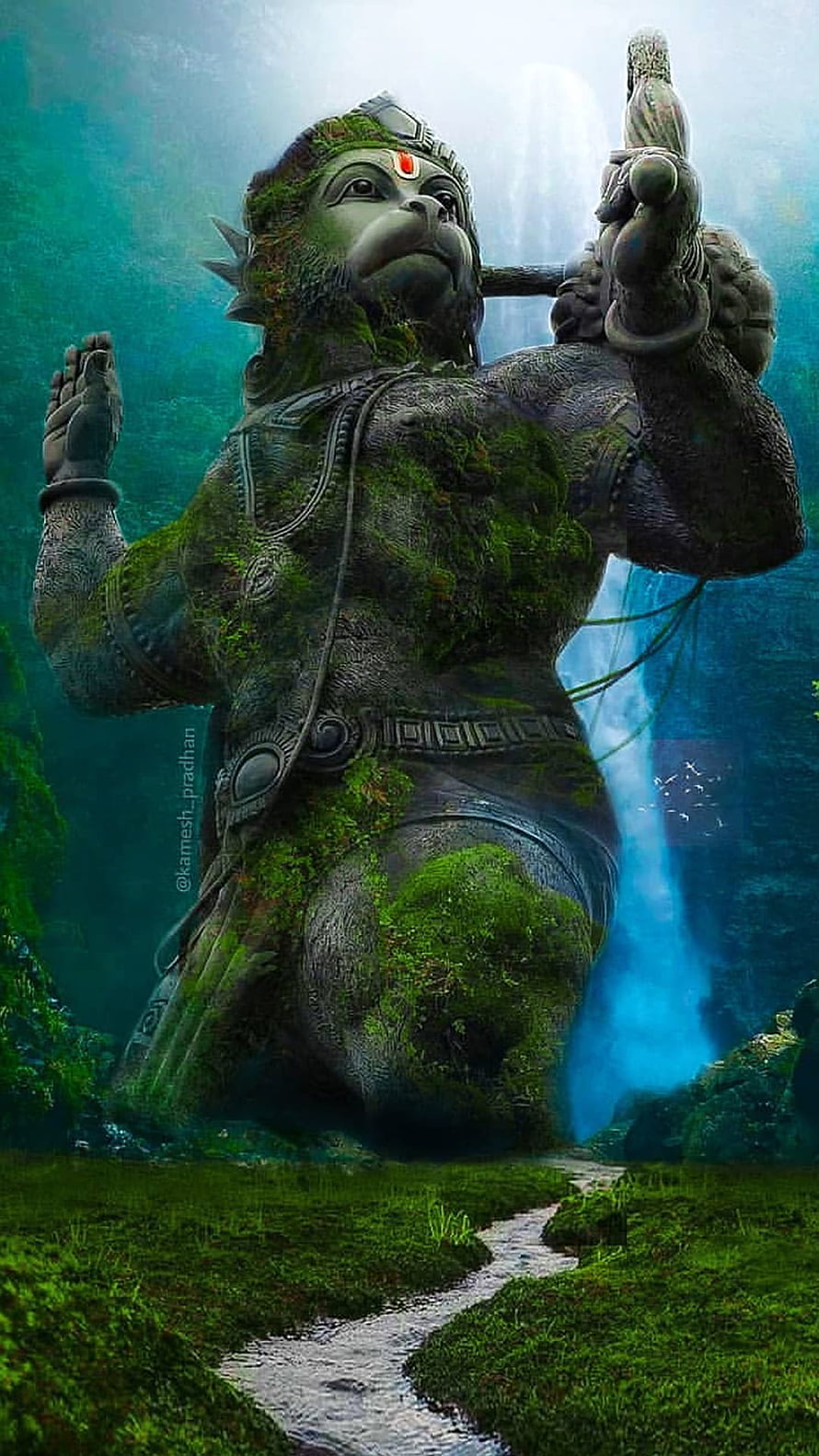 Moss-Covered Hanuman Statue in Misty Forest with Waterfall and Stream HD phone wallpaper