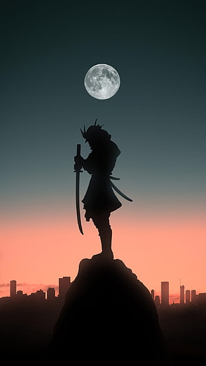 Silhouette of a Samurai Warrior Standing on a Cliff Under a Full Moon HD phone wallpaper