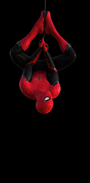 Miles Morales Spider-Man Hanging Upside Down in Red and Black Suit on Black Background HD phone wallpaper
