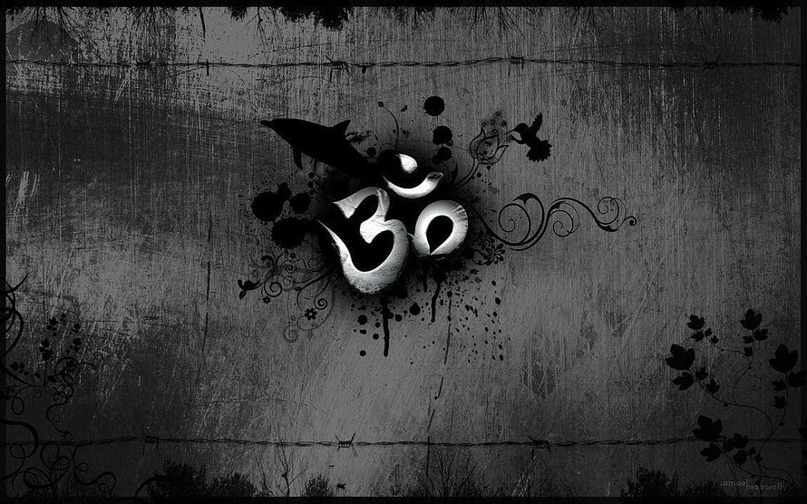 Grunge Om Symbol with Ink Splatters and Ornamental Floral Vines on Textured Background HD wallpaper