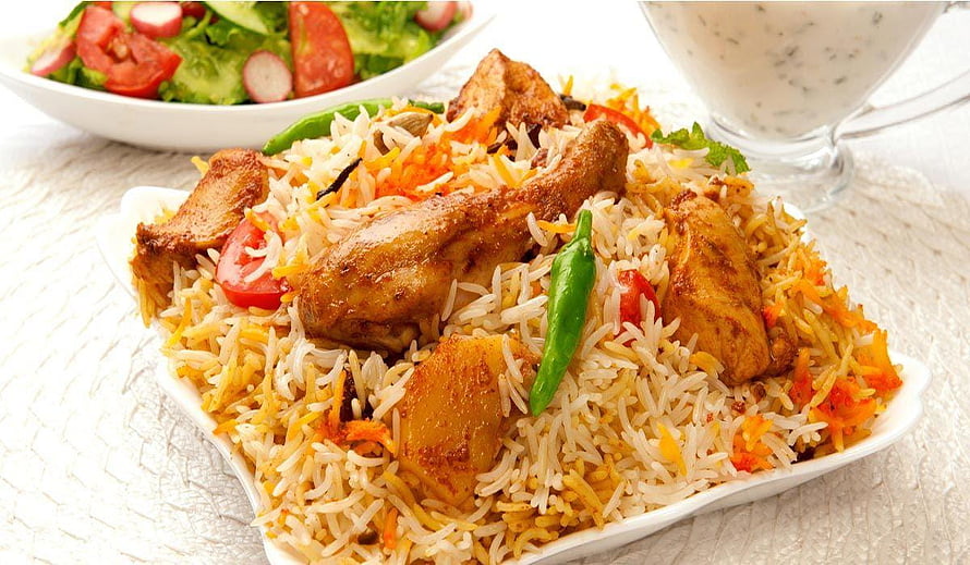 Chicken Biryani with Saffron Rice, Fried Chicken, and Fresh Vegetable Salad HD wallpaper