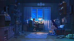 Moody Anime Bedroom Scene with Two Characters at Night HD wallpaper