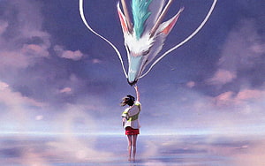 Anime Girl Reaching Toward a Giant Dragon in a Dreamy Sky Landscape HD wallpaper