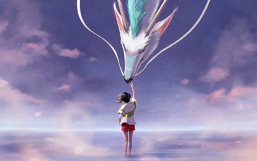 Anime Girl Reaching Toward a Giant Dragon in a Dreamy Sky Landscape HD wallpaper