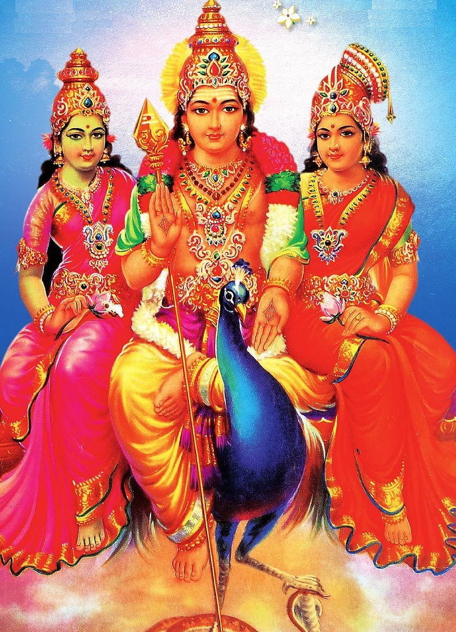 Lord Murugan with consorts Valli and Deivanai seated on a peacock in traditional Indian devotional art HD phone wallpaper