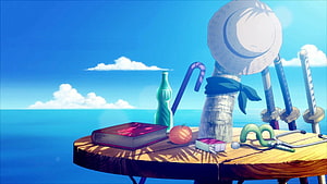 One Piece Pirate Island Still Life with Straw Hat and Swords on Ocean Table HD wallpaper