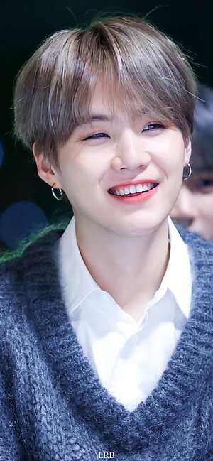 Suga BTS Smiling Portrait in Grey Knit Cardigan and White Shirt HD phone wallpaper