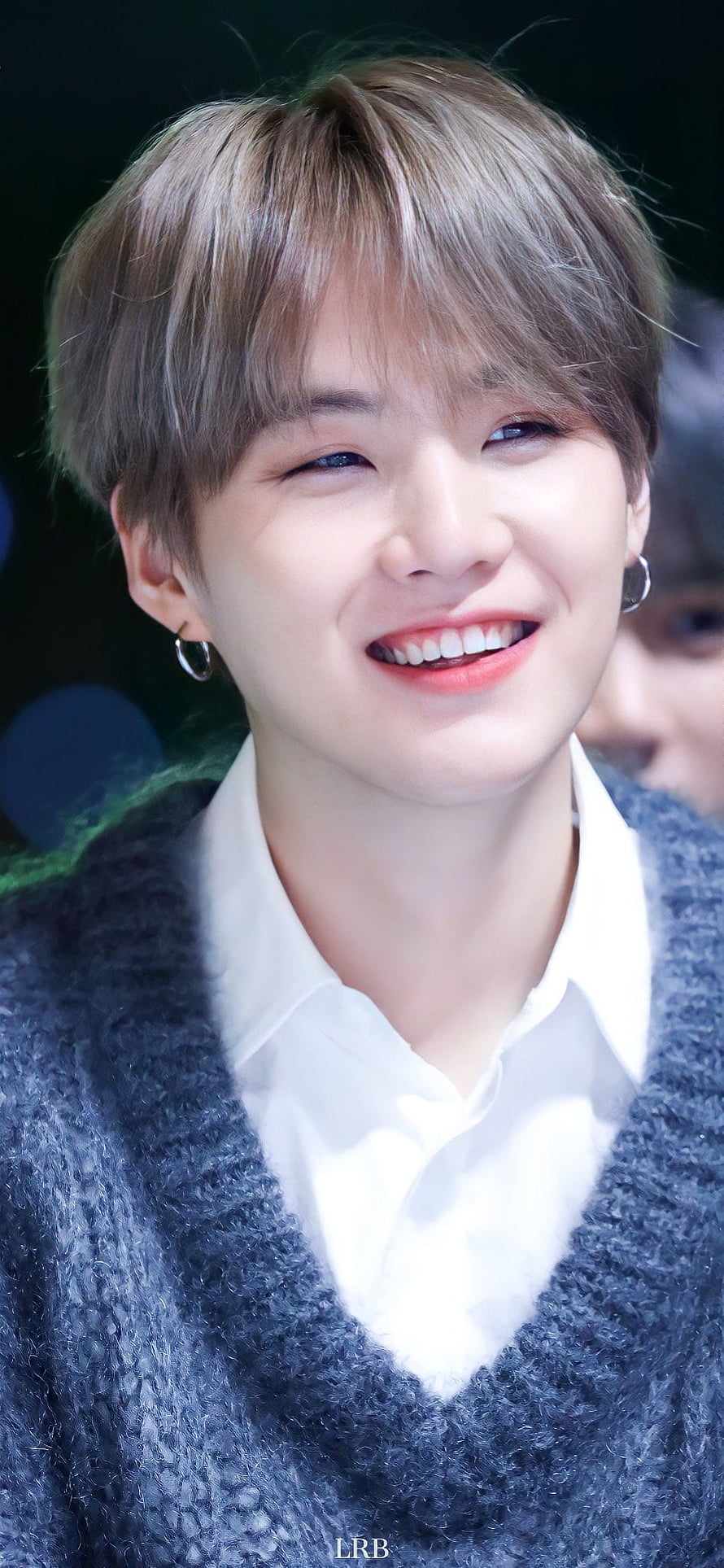 Suga BTS Smiling Portrait in Grey Knit Cardigan and White Shirt HD phone wallpaper