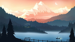 Serene Mountain Lake at Dusk with Snow-Capped Peak and Silhouetted Pine Forest HD wallpaper