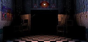 Five Nights at Freddy's 2 Office Interior with Checkered Floor and Dark Corridor HD wallpaper