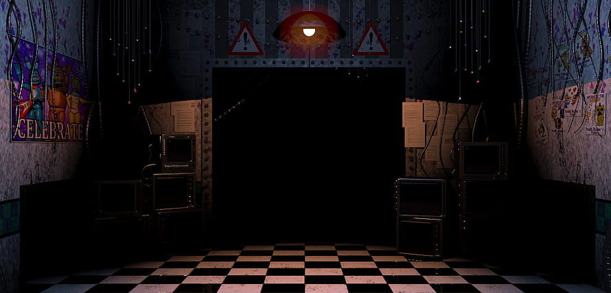 Five Nights at Freddy's 2 Office Interior with Checkered Floor and Dark Corridor HD wallpaper
