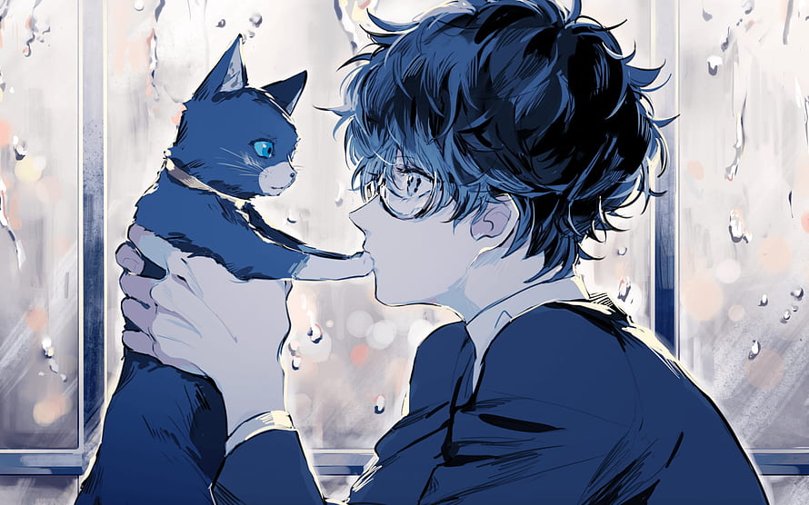 Persona 5 Protagonist Akira Kurusu Holding a Black Cat by a Rainy Window HD wallpaper