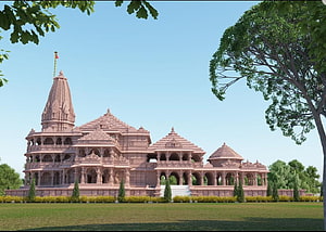 Ram Mandir Ayodhya Architectural Rendering with Pink Sandstone Shikhara and Lush Green Gardens HD wallpaper