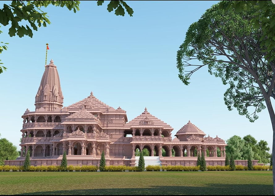 Ram Mandir Ayodhya Architectural Rendering with Pink Sandstone Shikhara and Lush Green Gardens HD wallpaper