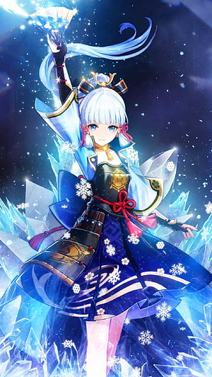 Ayaka Anime Character in Blue Winter Kimono with Ice Crystals and Snowflakes HD phone wallpaper