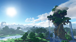 Minecraft RTX Ray Traced Landscape With Waterfall And Sunlight HD wallpaper