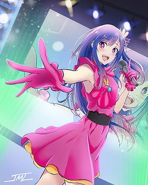 Hoshino Ai from Oshi no Ko performing on stage in a vibrant pink idol outfit HD phone wallpaper