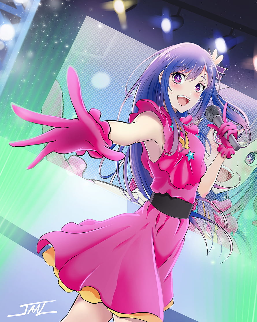 Hoshino Ai from Oshi no Ko performing on stage in a vibrant pink idol outfit HD phone wallpaper