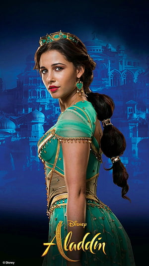 Naomi Scott as Princess Jasmine in Disney Aladdin promotional portrait with emerald gown and tiara HD phone wallpaper