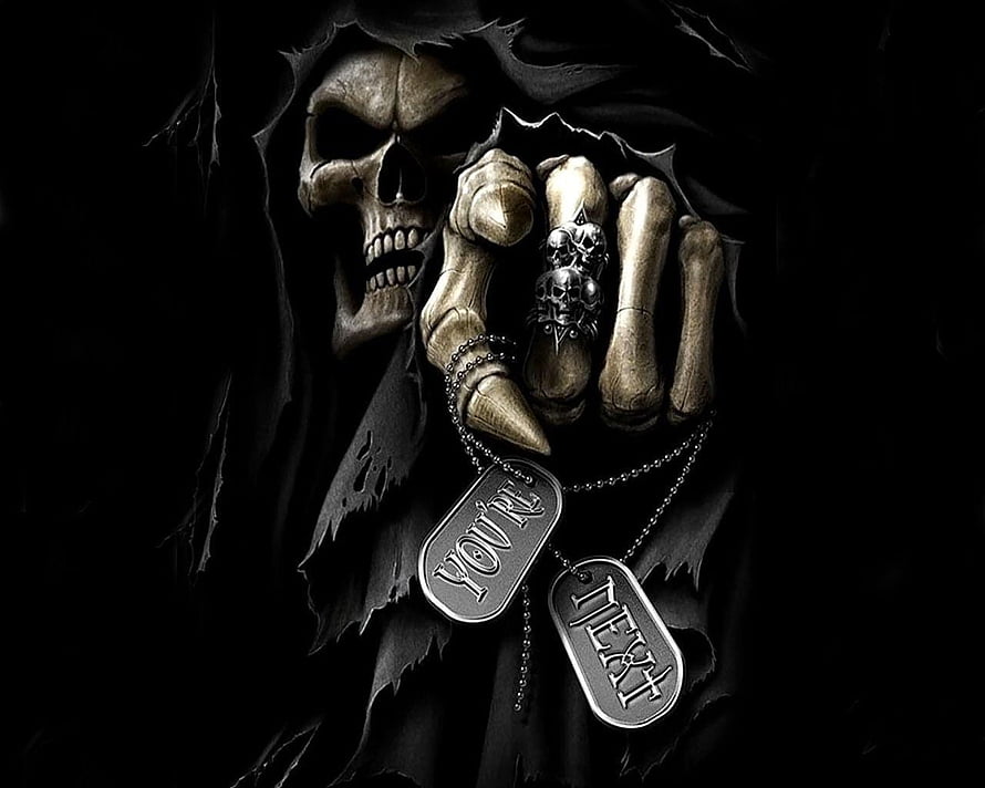 Grim Reaper Skeleton Hand Holding Dog Tags in Dark Hooded Cloak HD wallpaper