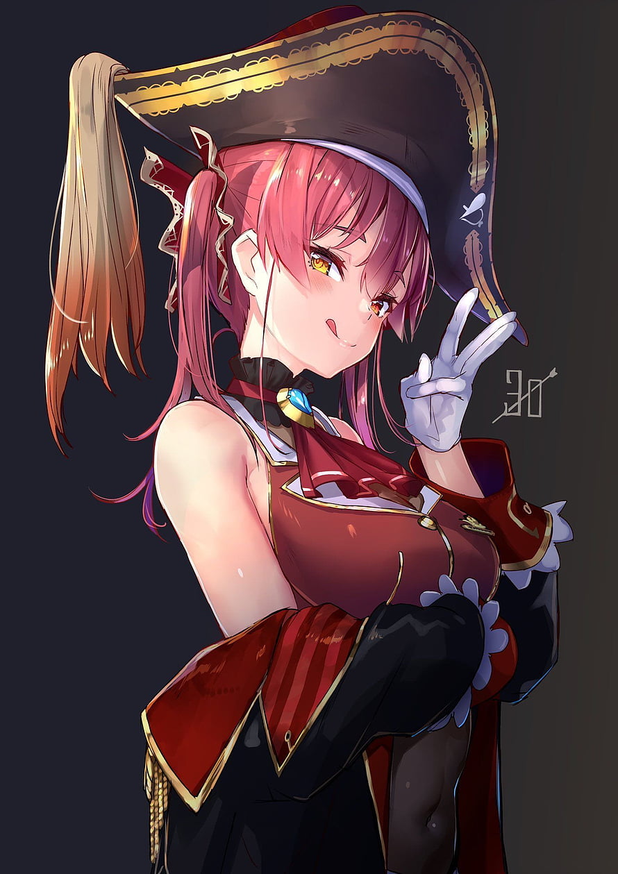 Houshou Marine Hololive Anime Character in Pirate Costume with Tricorn Hat HD phone wallpaper