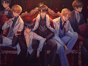 Anime Boys Group in Formal Suits Seated on Ornate Red Sofa with Roses HD wallpaper