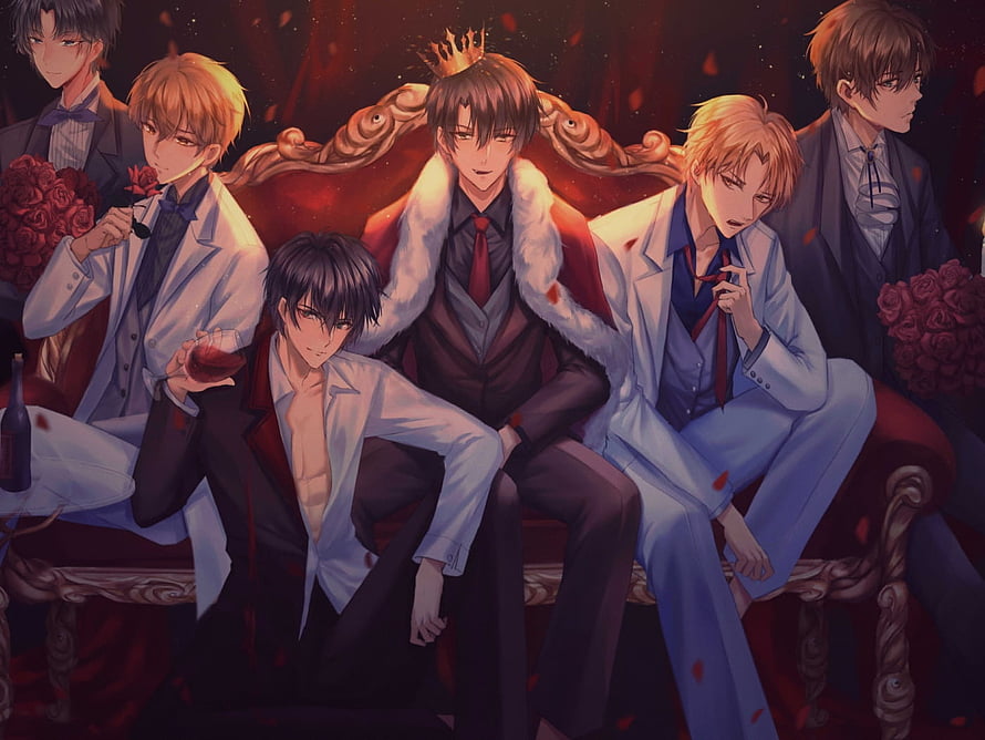 Anime Boys Group in Formal Suits Seated on Ornate Red Sofa with Roses HD wallpaper