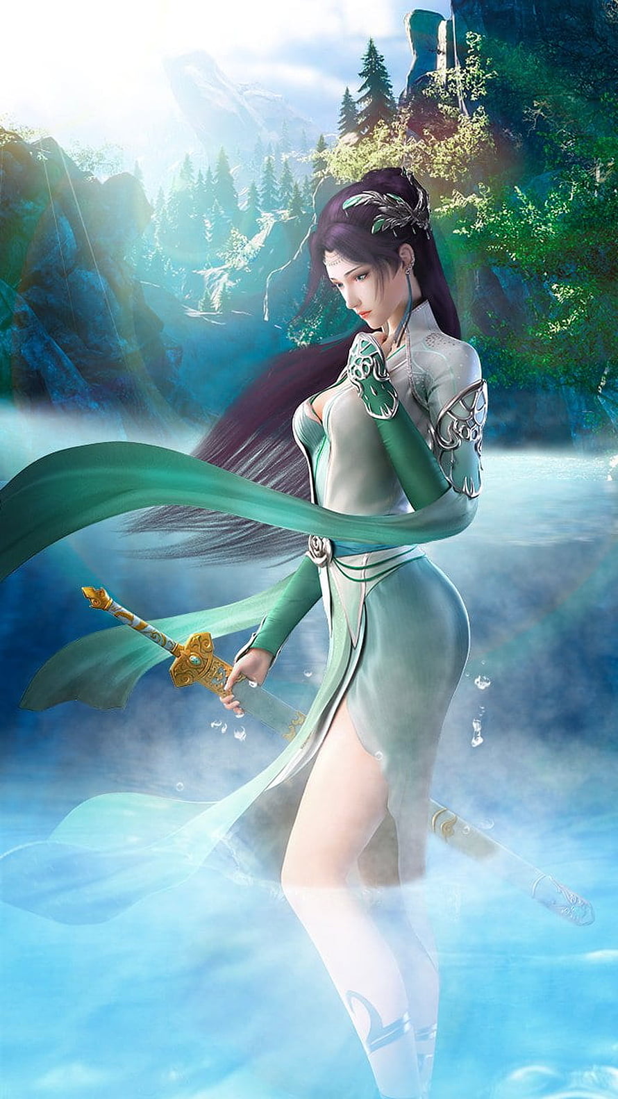 Battle Through The Heavens female warrior in green robes holding a sword in a misty mountain landscape HD phone wallpaper