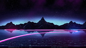 Retro Synthwave Mountain Landscape with Neon Pink Light Trails and Starry Night Sky HD wallpaper