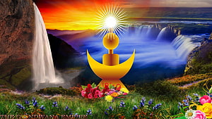 Golden Diya Lamp with Radiant Sunburst Over Waterfall Landscape at Sunset HD wallpaper