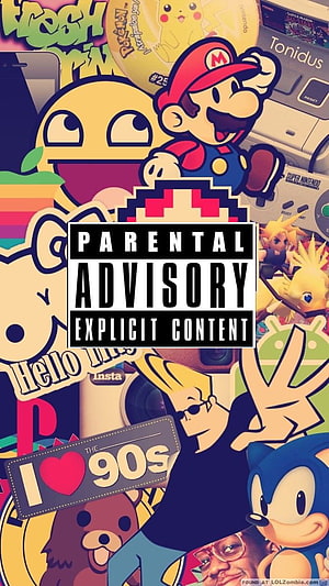 Retro 90s Nostalgia Collage Featuring Mario, Sonic, Pikachu, and Parental Advisory Sticker HD phone wallpaper