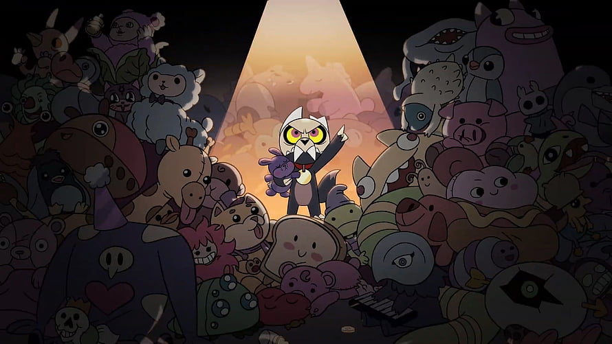 King from The Owl House standing in a spotlight surrounded by a crowd of plush toys and stuffed animals HD wallpaper