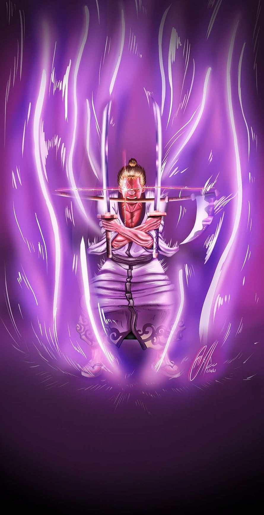 Roronoa Zoro Wielding Three Swords in Purple Aura HD phone wallpaper