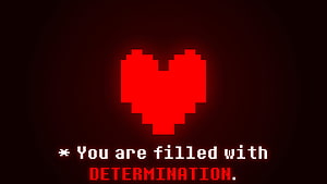 Undertale Determination Heart Pixel Art with Glowing Red Text on Dark Background HD wallpaper