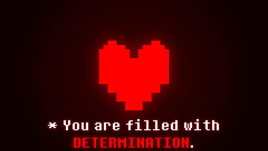 Undertale Determination Heart Pixel Art with Glowing Red Text on Dark Background HD wallpaper
