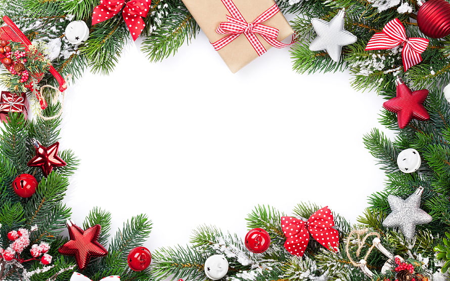 Festive Christmas border with pine branches, red and silver stars, and gift boxes on white background HD wallpaper