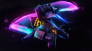 Minecraft Enderman Wielding Neon Netherite Sword in Cosmic Space, Im Selling Minecraft Design, minecraft banner HD wallpaper