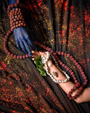 Mahadev Ritual Offering With Rudraksha Mala And Blue Painted Hand HD phone wallpaper