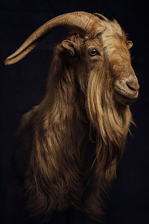 Majestic Long-Horned Goat Portrait with Flowing Beard Against Dark Background HD phone wallpaper