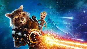 Rocket Raccoon and Baby Groot in Guardians of the Galaxy Vol. 2 Space Battle Scene HD wallpaper