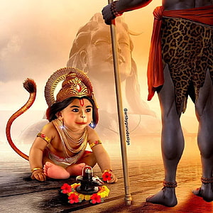 Cute Baby Hanuman Offering Flowers to Shiva at the Adiyogi Statue HD phone wallpaper