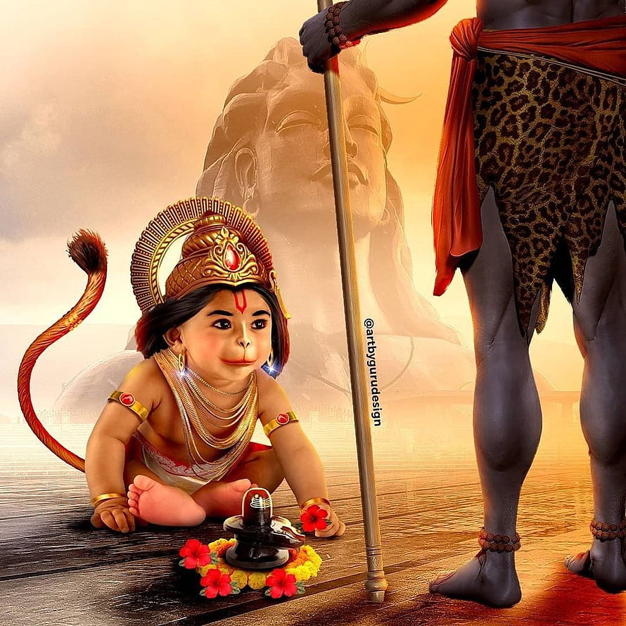 Cute Baby Hanuman Offering Flowers to Shiva at the Adiyogi Statue HD phone wallpaper